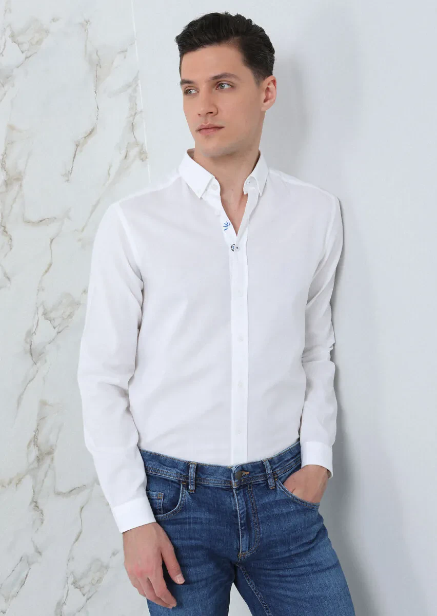 Beyaz Düz Regular Fit Dokuma Casual %100 Pamuk Gömlek - 1
