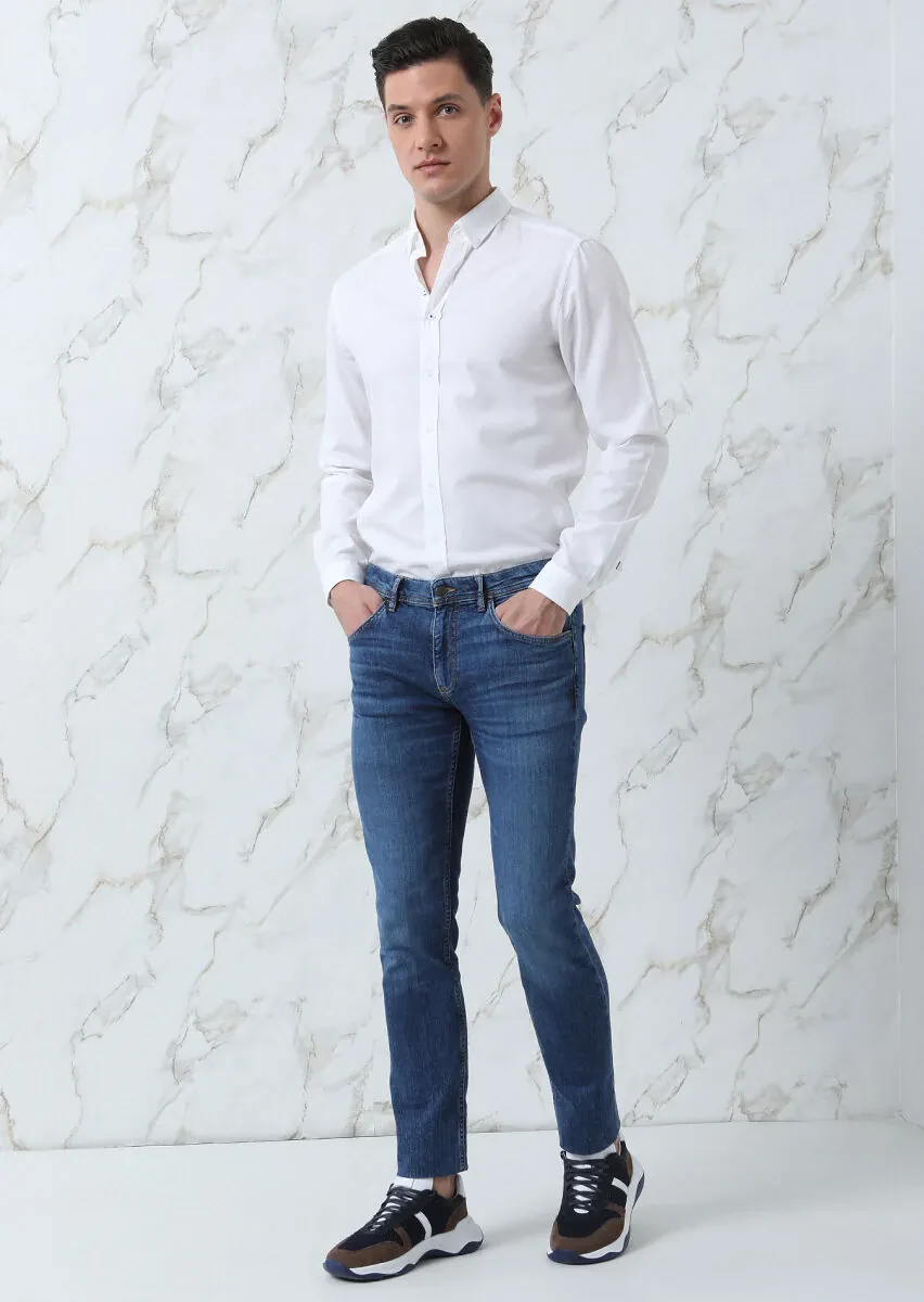 Beyaz Düz Regular Fit Dokuma Casual %100 Pamuk Gömlek - 3