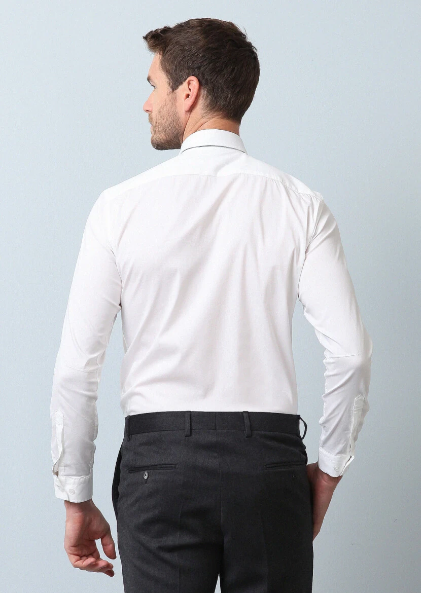 Beyaz Düz Regular Fit Dokuma Casual Pamuk Karışımlı Gömlek - 5