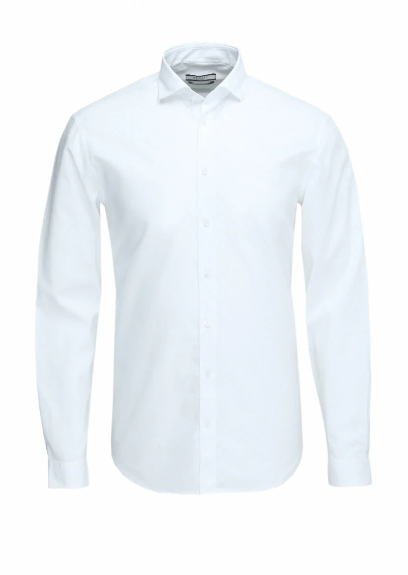 Beyaz Düz Regular Fit Dokuma Casual Pamuk Karışımlı Gömlek - 1