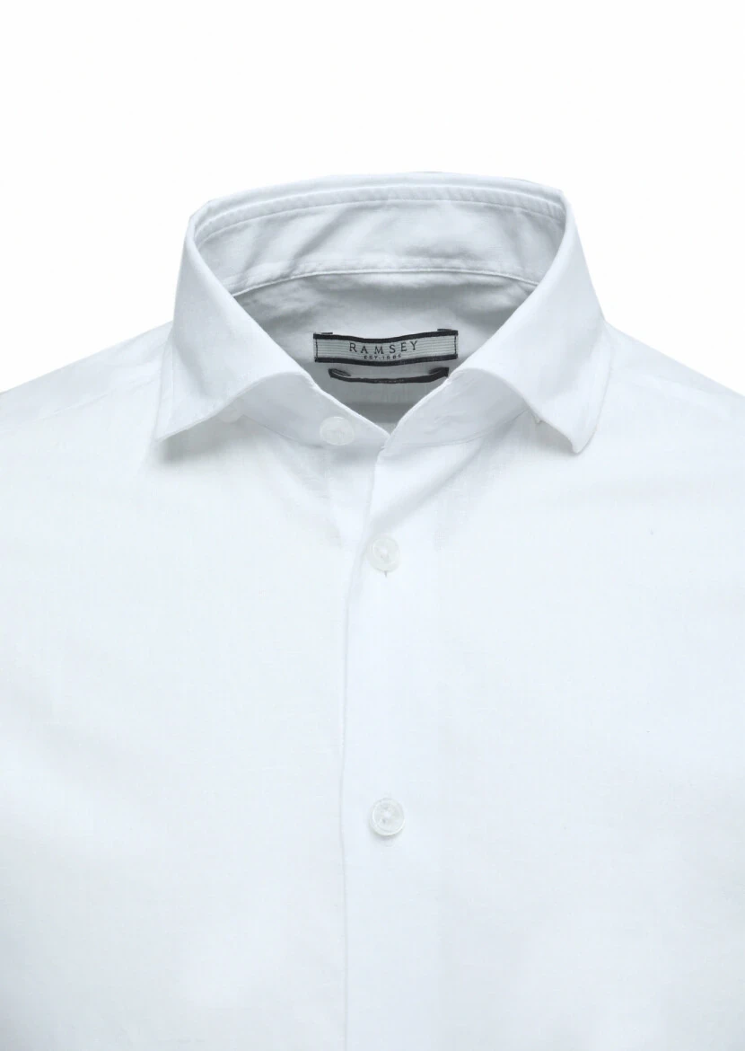 Beyaz Düz Regular Fit Dokuma Casual Pamuk Karışımlı Gömlek - 2