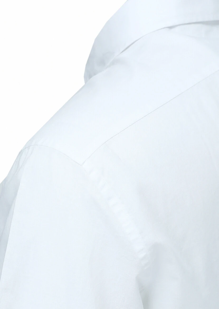 Beyaz Düz Regular Fit Dokuma Casual Pamuk Karışımlı Gömlek - 3