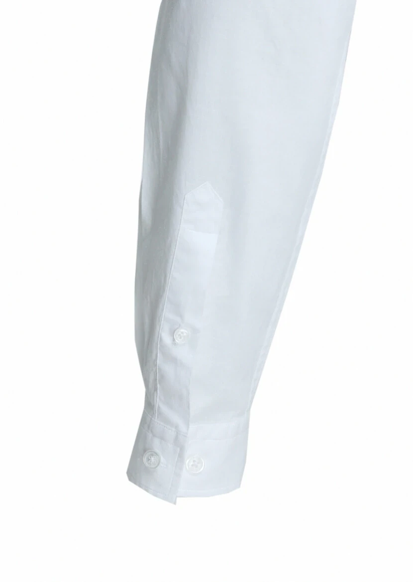 Beyaz Düz Regular Fit Dokuma Casual Pamuk Karışımlı Gömlek - 4