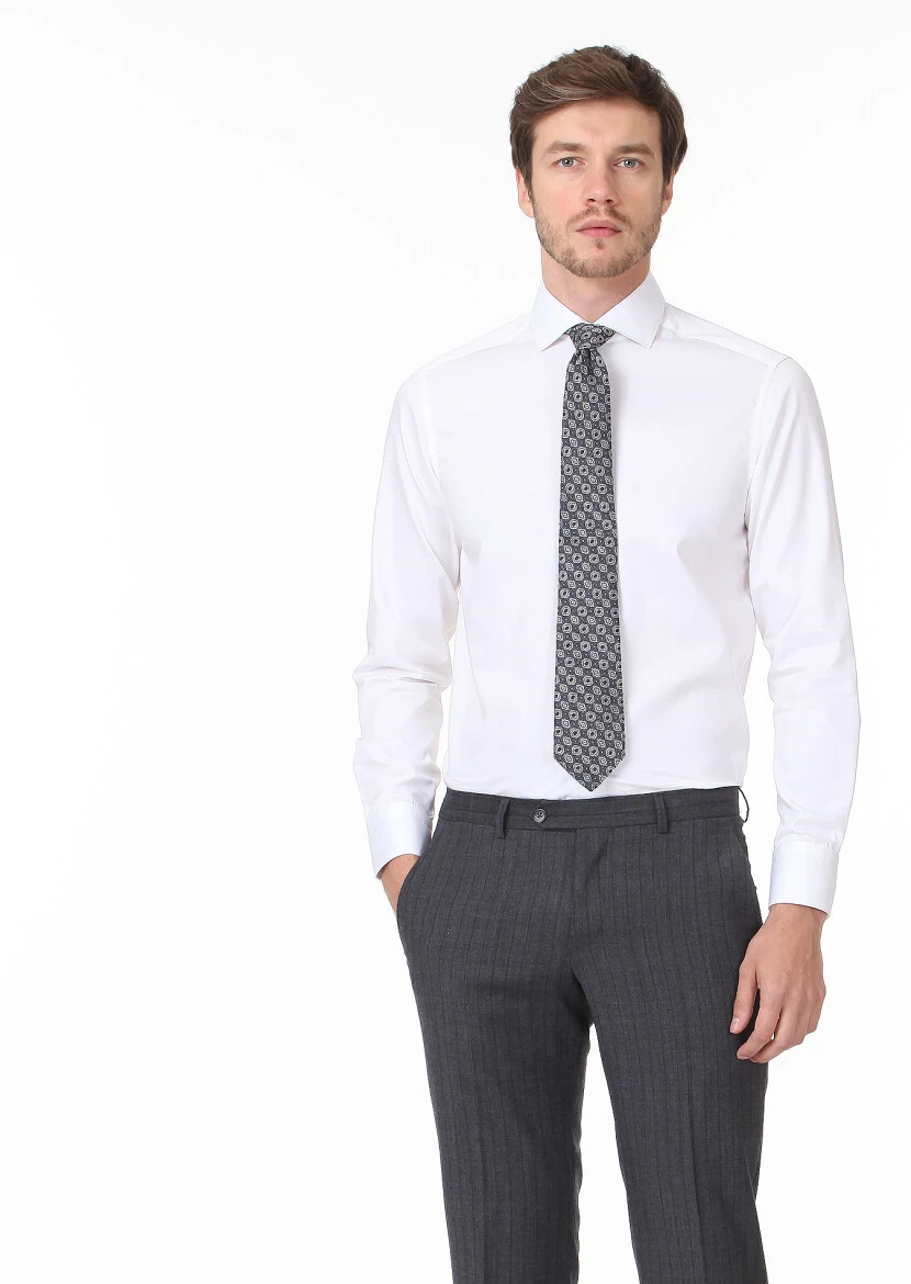 Beyaz Düz Regular Fit Dokuma Klasik %100 Pamuk Gömlek - 3