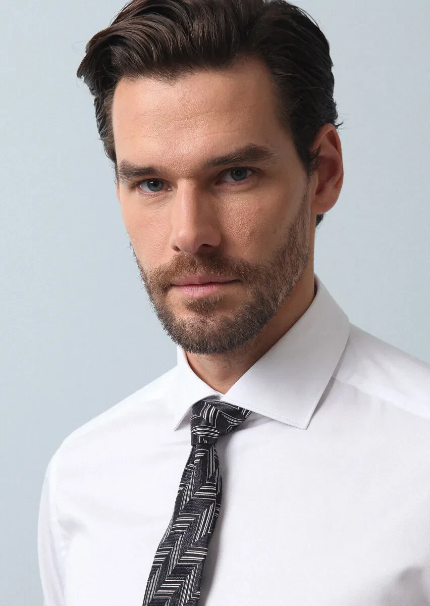 Beyaz Düz Regular Fit Dokuma Klasik %100 Pamuk Gömlek - 2