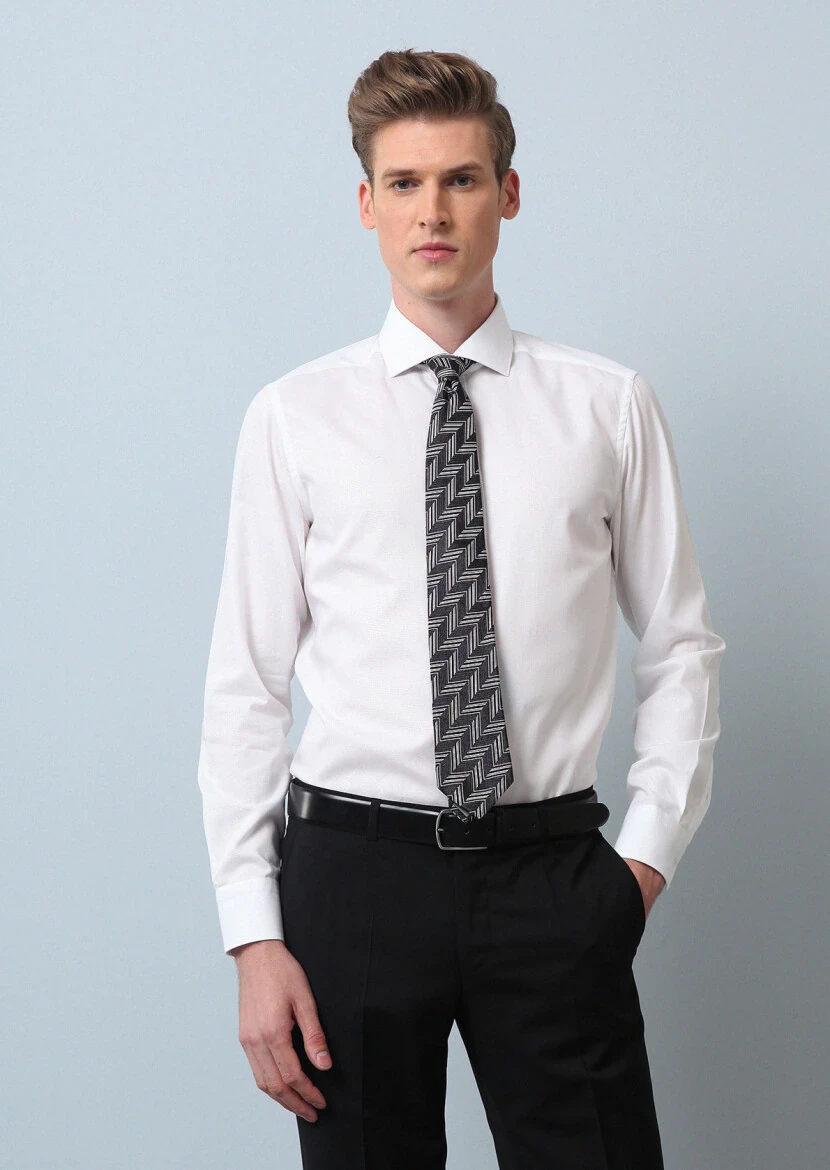 Beyaz Düz Regular Fit Dokuma Klasik %100 Pamuk Gömlek - 3