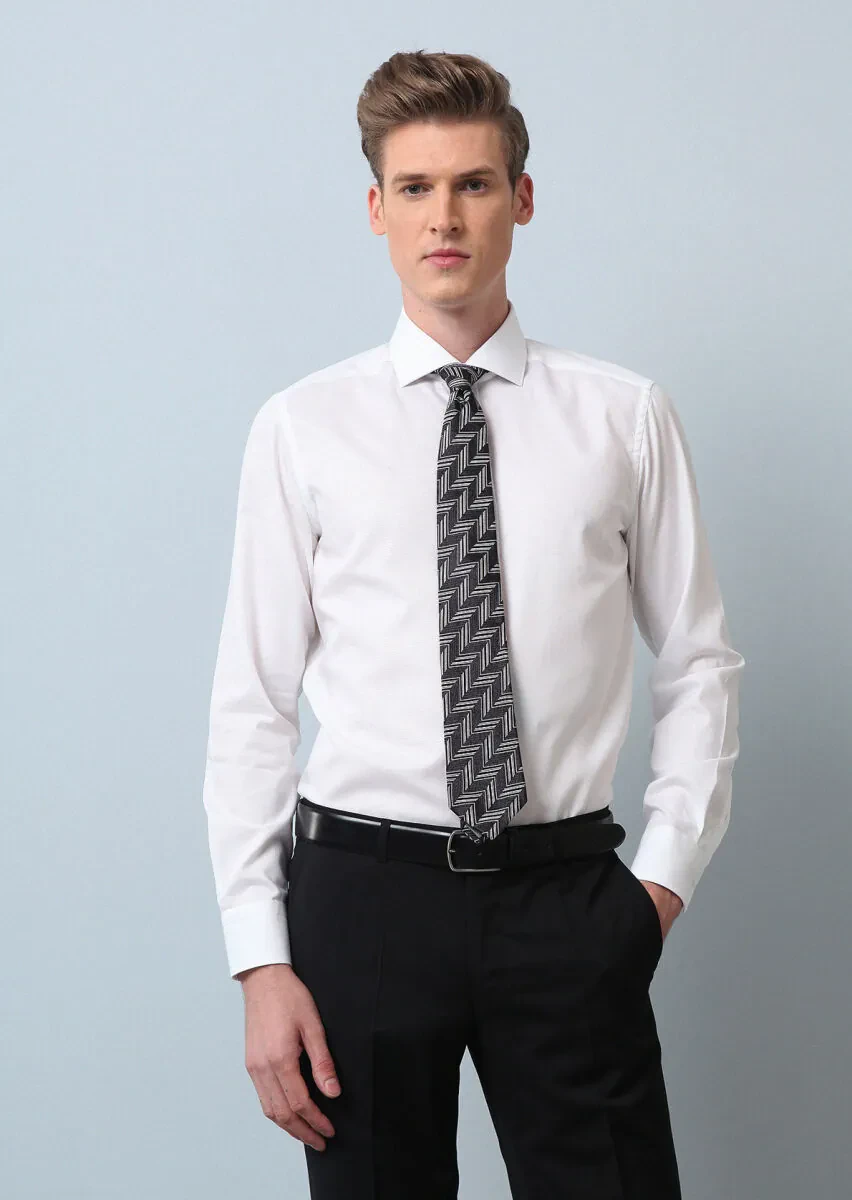 Beyaz Düz Regular Fit Dokuma Klasik %100 Pamuk Gömlek - 3