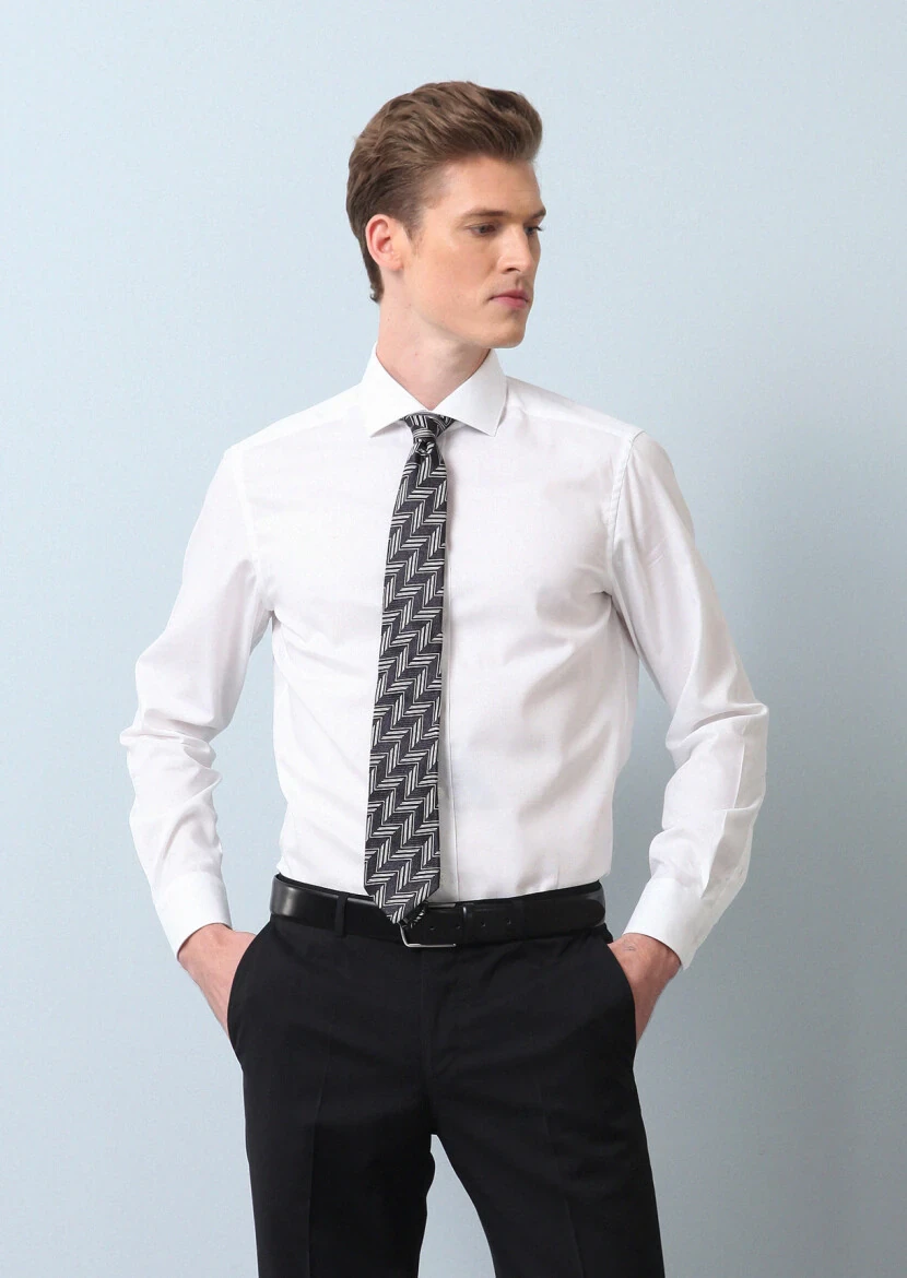 Beyaz Düz Regular Fit Dokuma Klasik %100 Pamuk Gömlek - 4