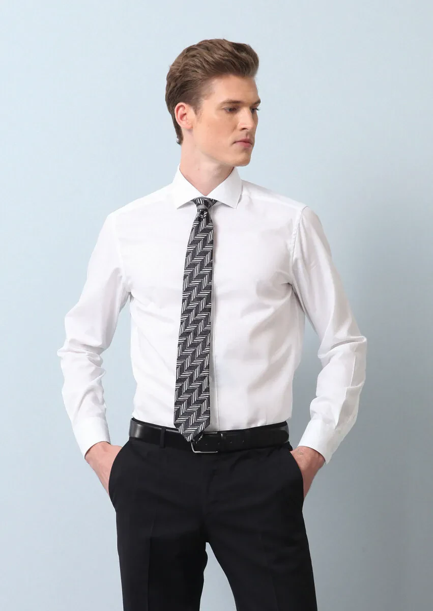 Beyaz Düz Regular Fit Dokuma Klasik %100 Pamuk Gömlek - 4