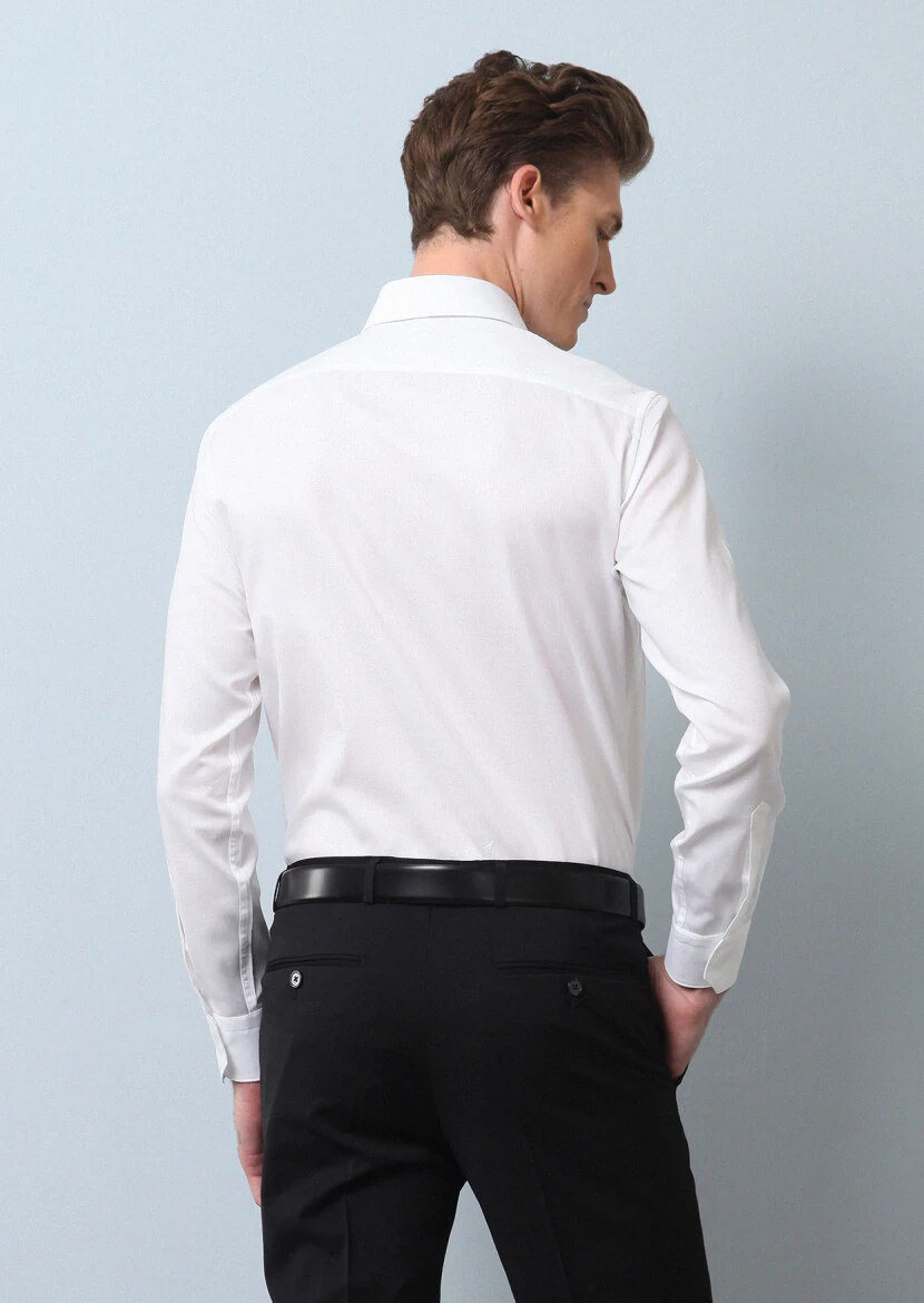 Beyaz Düz Regular Fit Dokuma Klasik %100 Pamuk Gömlek - 5