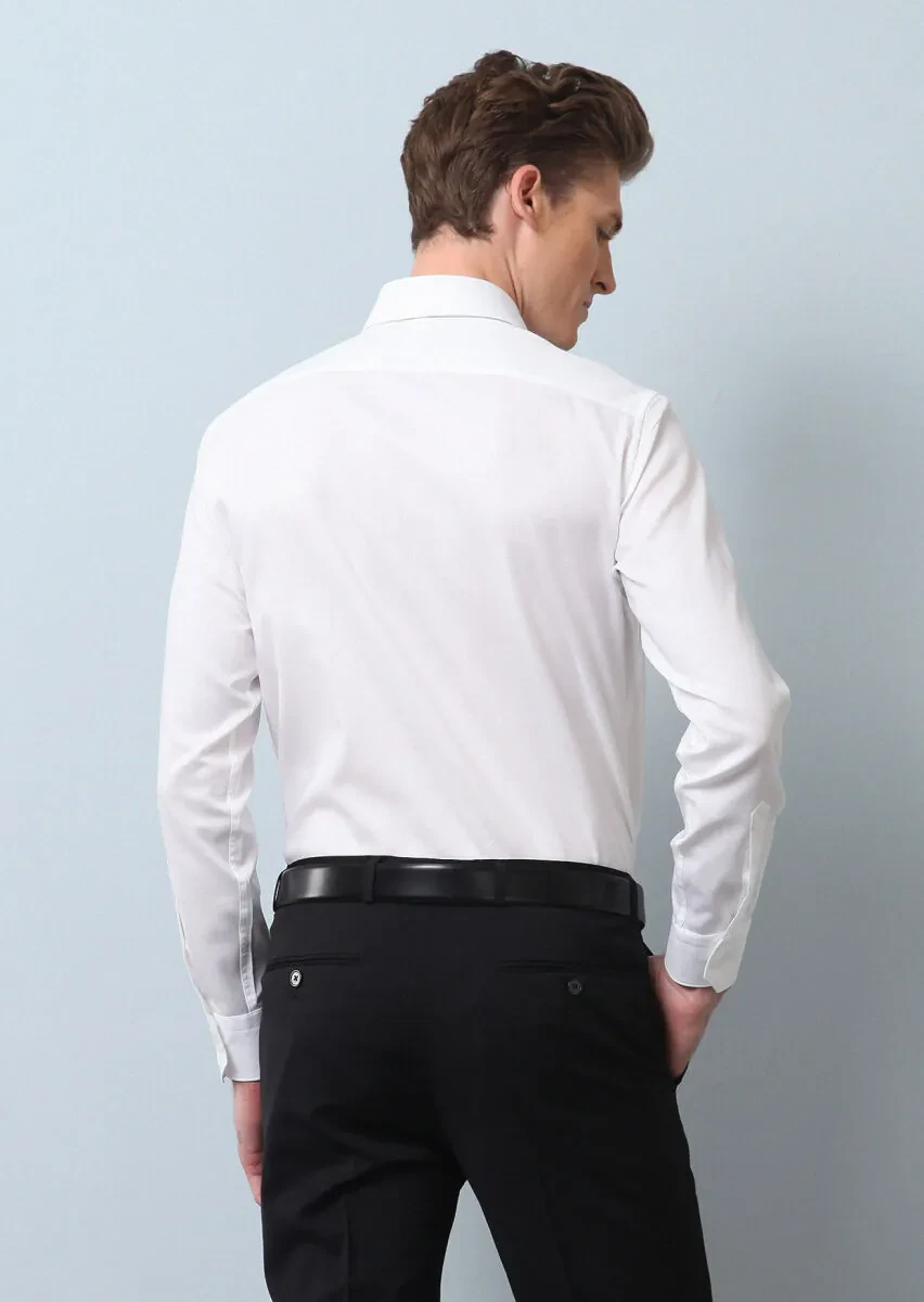 Beyaz Düz Regular Fit Dokuma Klasik %100 Pamuk Gömlek - 5