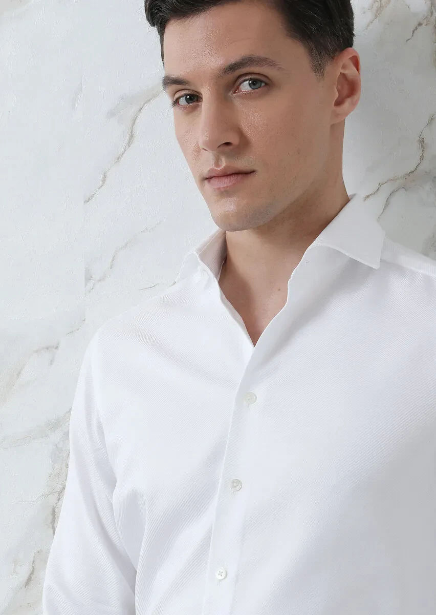 Beyaz Düz Regular Fit Dokuma Klasik %100 Pamuk Gömlek - 2