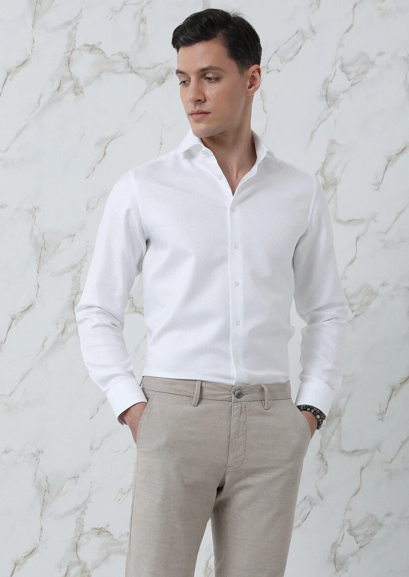 Beyaz Düz Regular Fit Dokuma Klasik %100 Pamuk Gömlek - 3