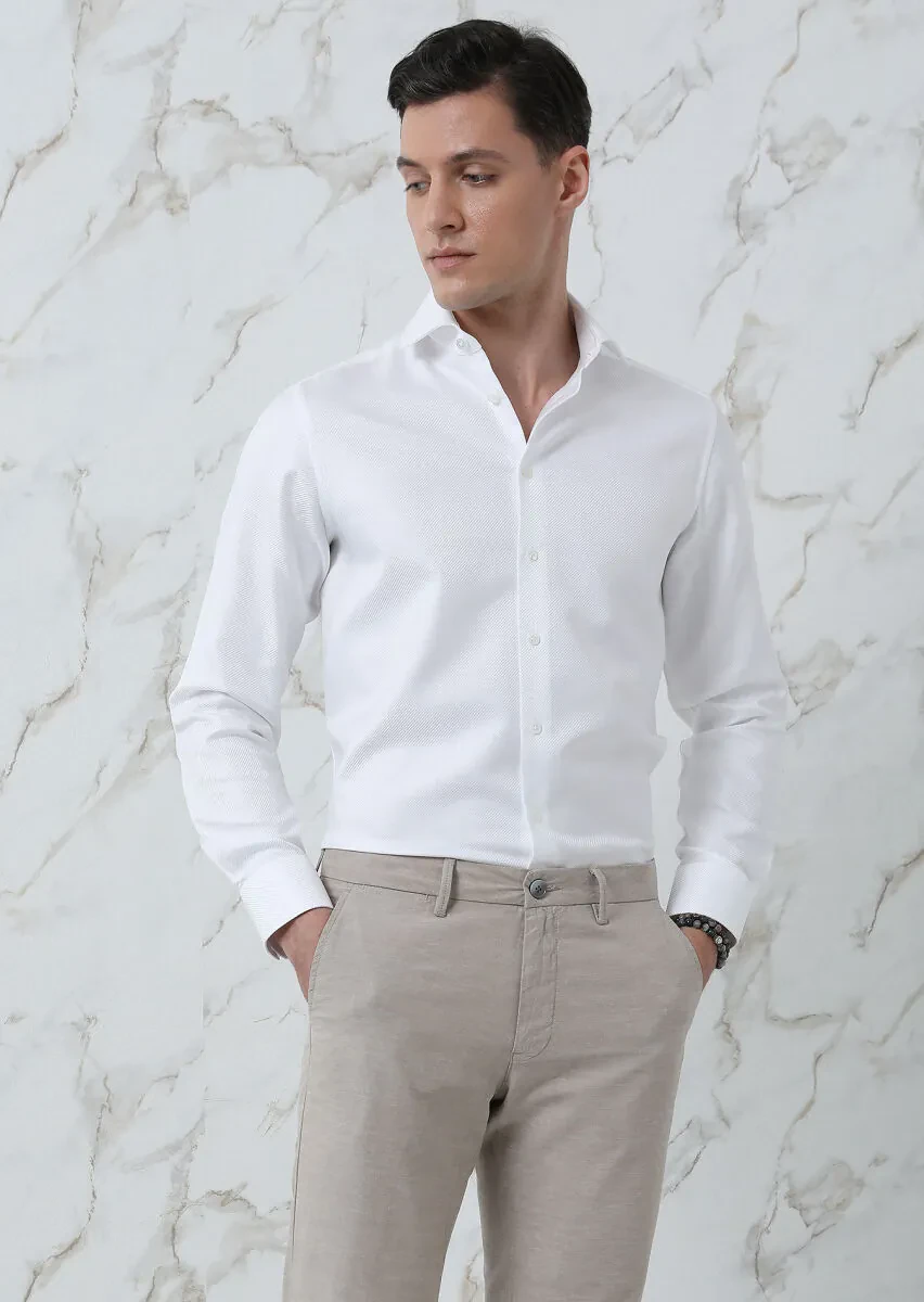 Beyaz Düz Regular Fit Dokuma Klasik %100 Pamuk Gömlek - 3