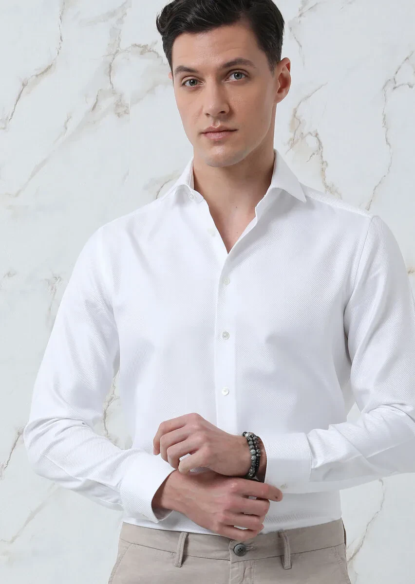 Beyaz Düz Regular Fit Dokuma Klasik %100 Pamuk Gömlek - 4