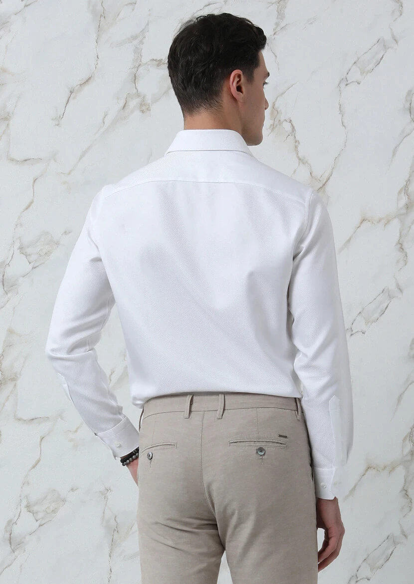 Beyaz Düz Regular Fit Dokuma Klasik %100 Pamuk Gömlek - 5