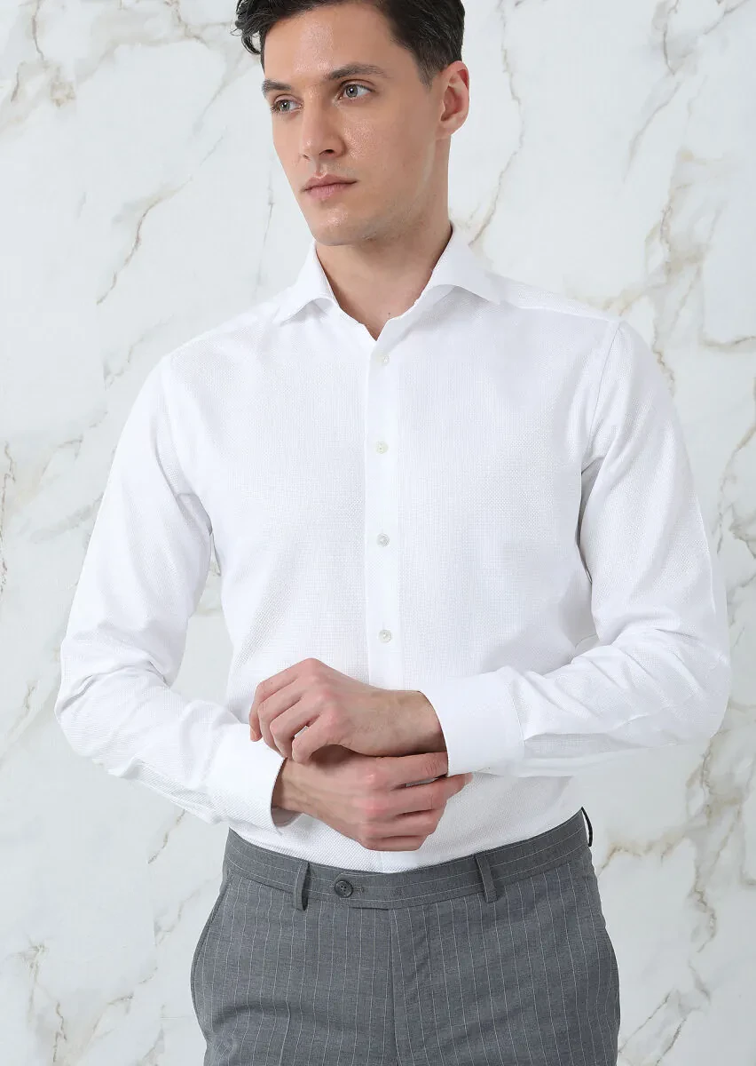 Beyaz Düz Regular Fit Dokuma Klasik %100 Pamuk Gömlek - 3