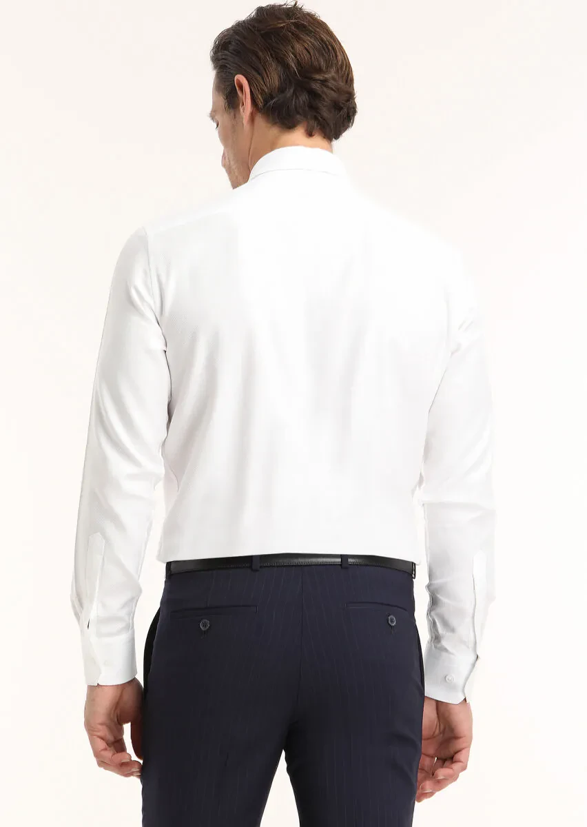 Beyaz Düz Regular Fit Dokuma Klasik %100 Pamuk Gömlek - 4