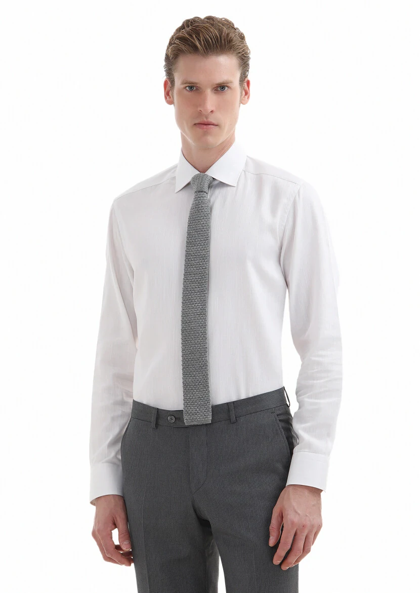 Beyaz Düz Regular Fit Dokuma Klasik %100 Pamuk Gömlek - 2