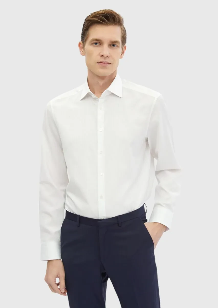 Beyaz Düz Regular Fit Dokuma Klasik %100 Pamuk Gömlek - 1