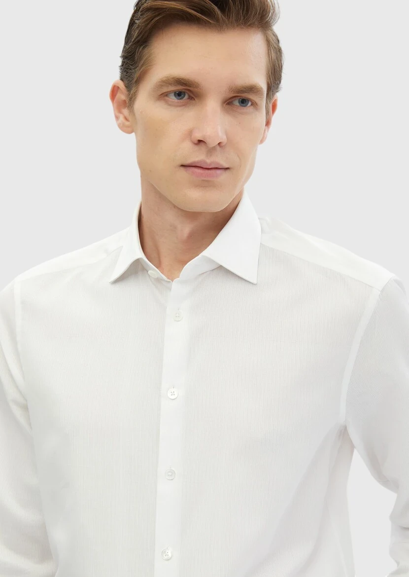 Beyaz Düz Regular Fit Dokuma Klasik %100 Pamuk Gömlek - 3