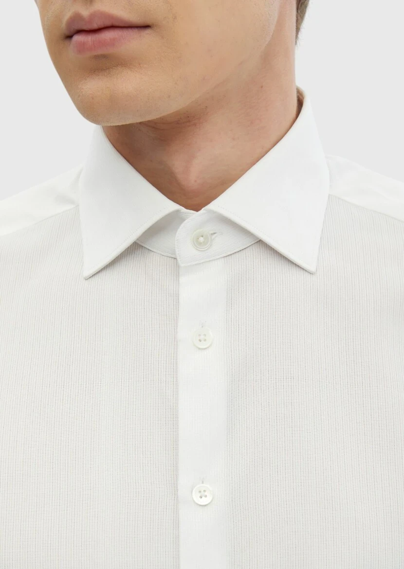 Beyaz Düz Regular Fit Dokuma Klasik %100 Pamuk Gömlek - 4