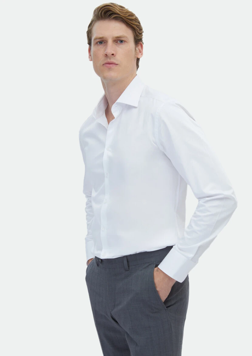 Beyaz Düz Regular Fit Dokuma Klasik %100 Pamuk Gömlek - RAMSEY