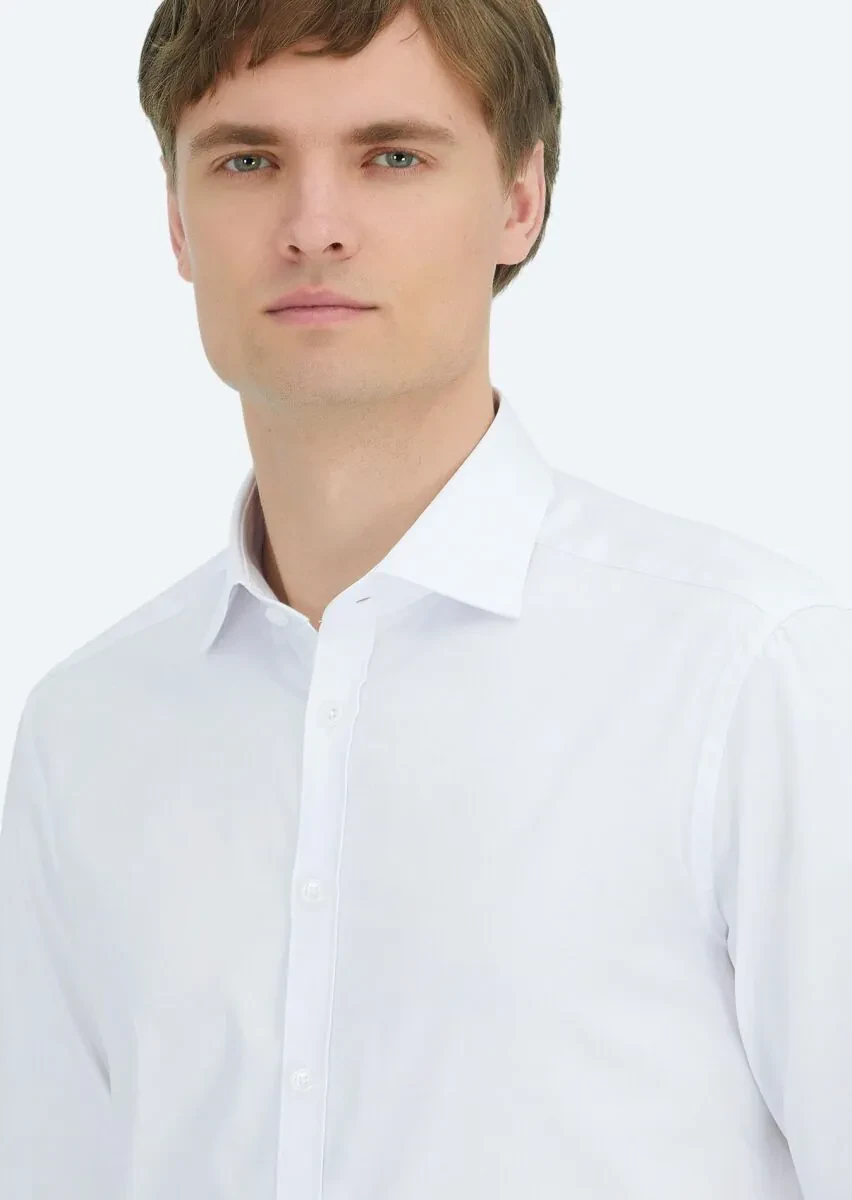 Beyaz Düz Regular Fit Dokuma Klasik %100 Pamuk Gömlek - 4