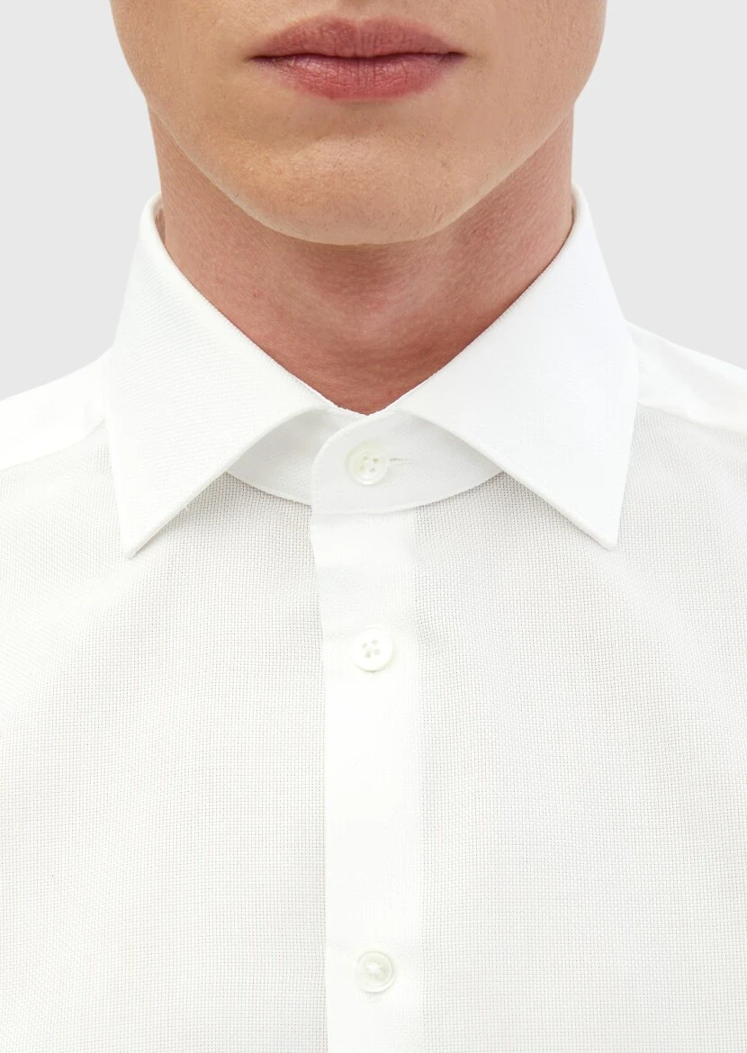 Beyaz Düz Regular Fit Dokuma Klasik %100 Pamuk Gömlek - 4