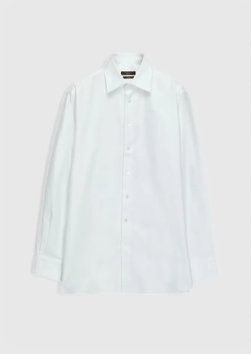 Beyaz Düz Regular Fit Dokuma Klasik %100 Pamuk Gömlek - 1