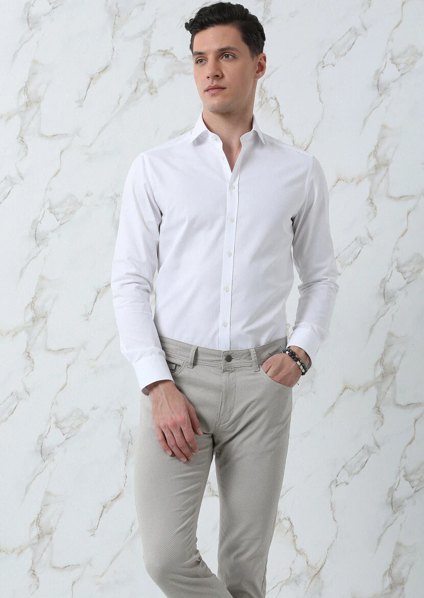 Beyaz Düz Regular Fit Dokuma Klasik Pamuk Karışımlı Gömlek - 3