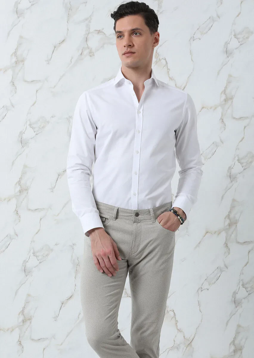 Beyaz Düz Regular Fit Dokuma Klasik Pamuk Karışımlı Gömlek - 3
