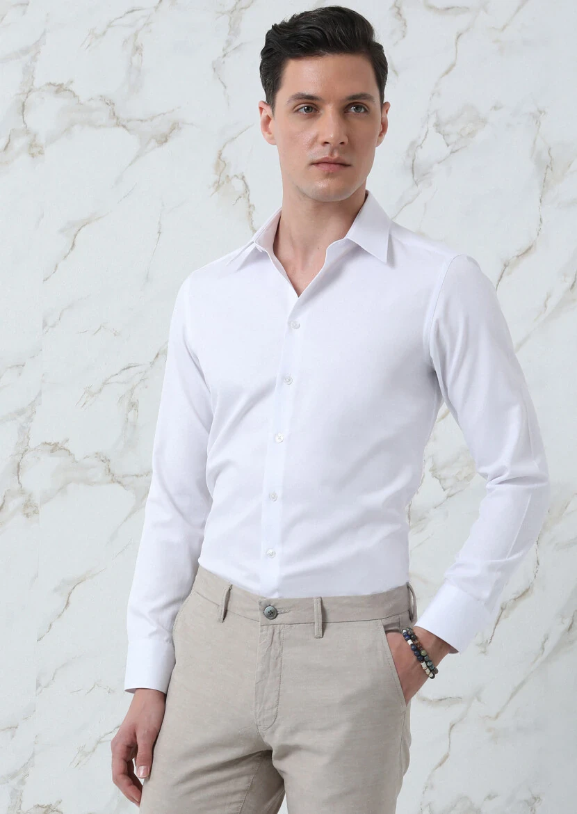Beyaz Düz Regular Fit Dokuma Klasik Pamuk Karışımlı Gömlek - 3