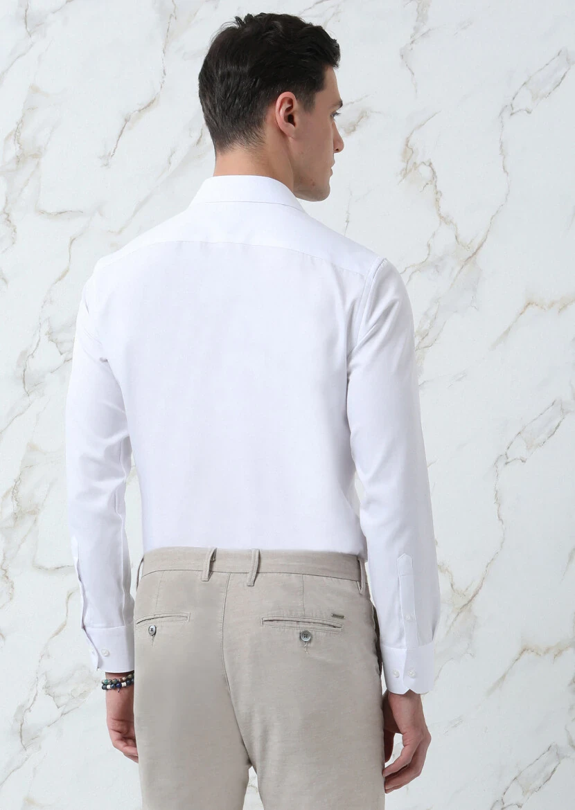 Beyaz Düz Regular Fit Dokuma Klasik Pamuk Karışımlı Gömlek - 5