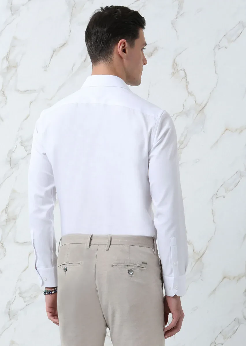 Beyaz Düz Regular Fit Dokuma Klasik Pamuk Karışımlı Gömlek - 5