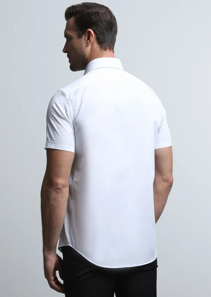 Beyaz Düz Regular Fit Dokuma Klasik Pamuk Karışımlı Gömlek - 5