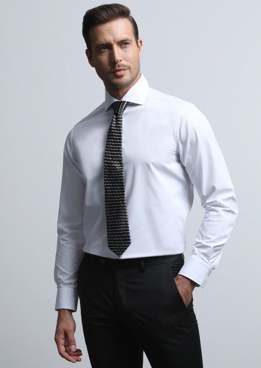 Beyaz Düz Regular Fit Dokuma Klasik Pamuk Karışımlı Gömlek - 3