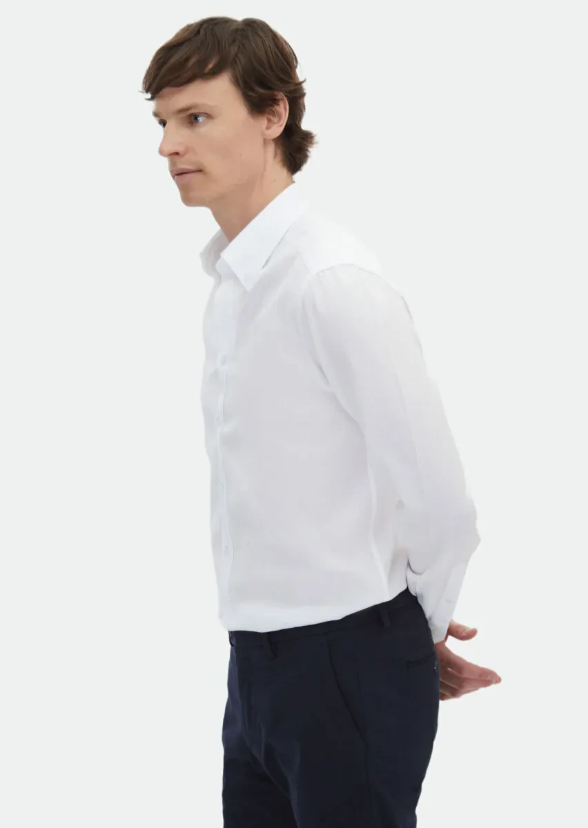 Beyaz Düz Regular Fit Dokuma Klasik Pamuk Karışımlı Gömlek - 3