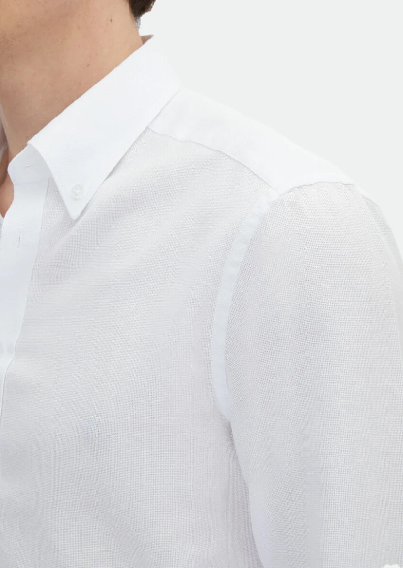 Beyaz Düz Regular Fit Dokuma Klasik Pamuk Karışımlı Gömlek - 4