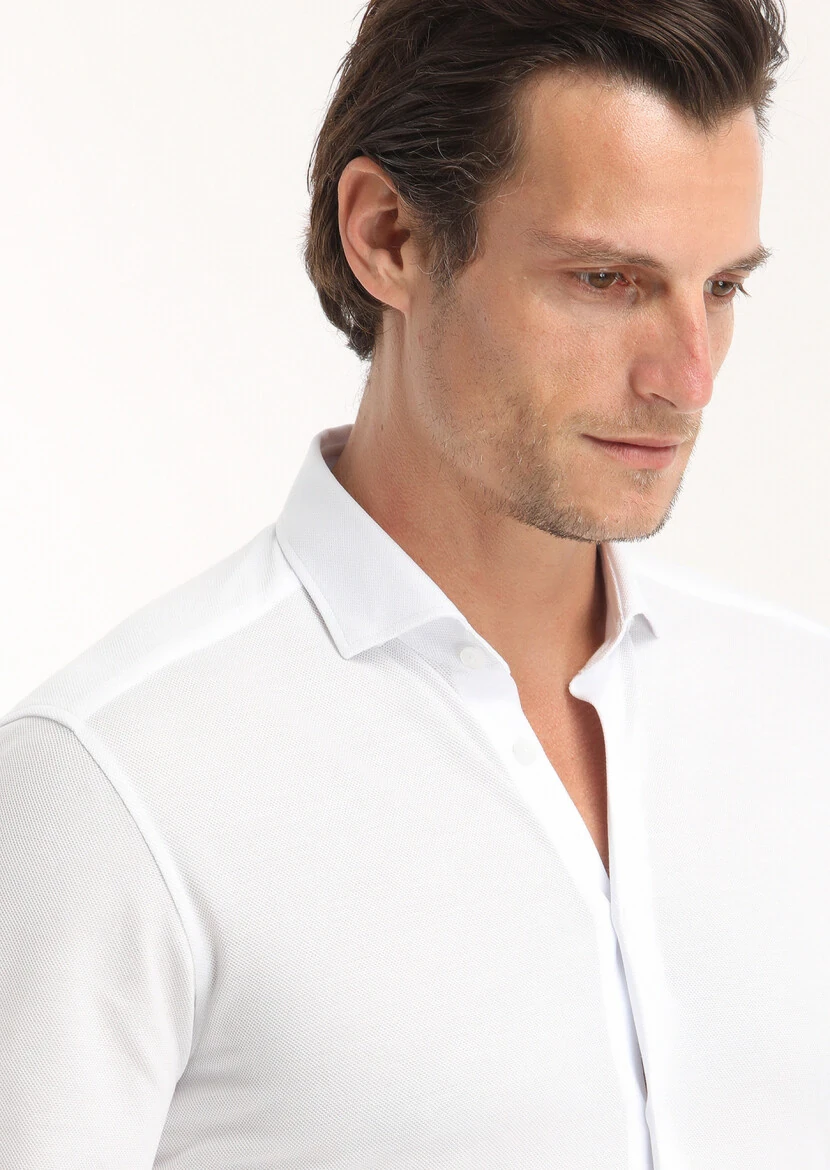 Beyaz Düz Slim Fit Casual %100 Pamuk Gömlek - 3