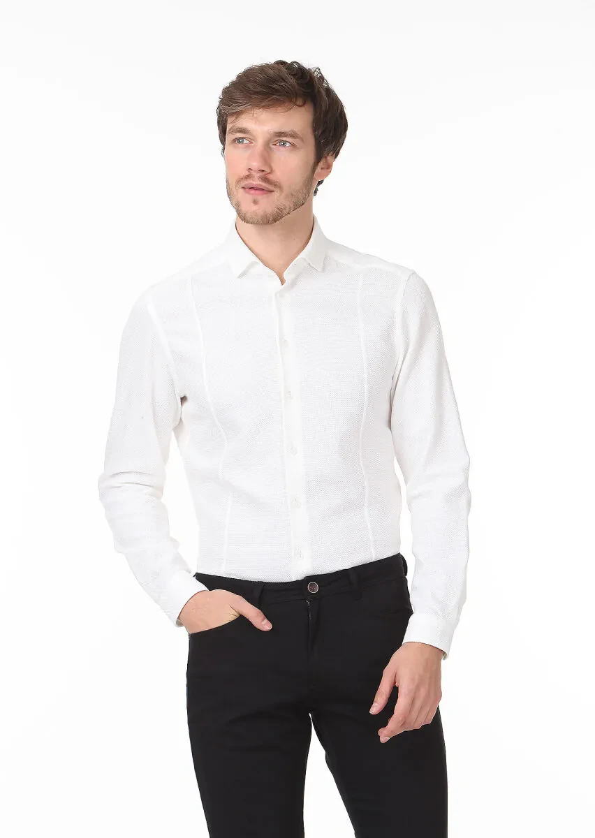 Beyaz Düz Slim Fit Dokuma Casual %100 Pamuk Gömlek - 1
