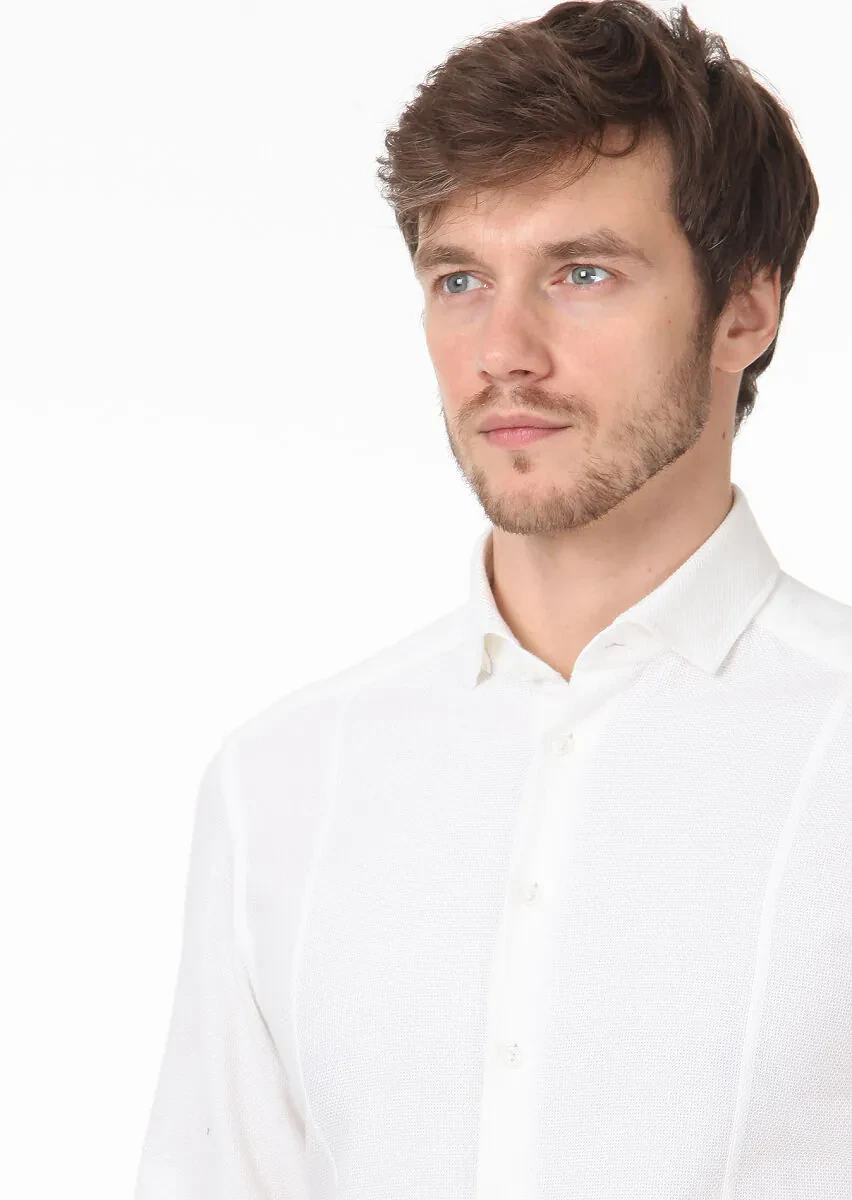 Beyaz Düz Slim Fit Dokuma Casual %100 Pamuk Gömlek - 2