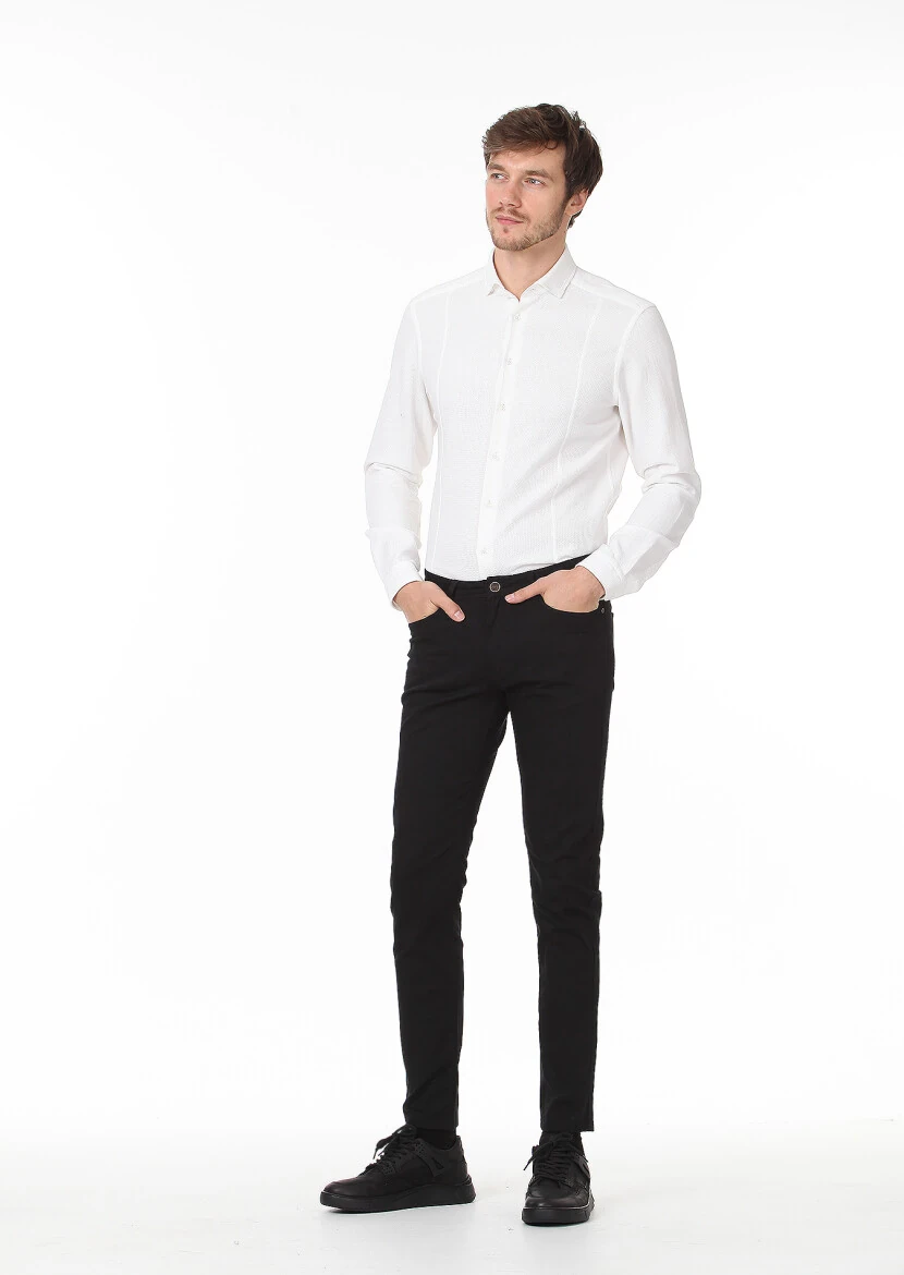 Beyaz Düz Slim Fit Dokuma Casual %100 Pamuk Gömlek - 3