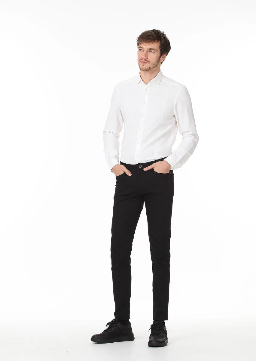Beyaz Düz Slim Fit Dokuma Casual %100 Pamuk Gömlek - 3