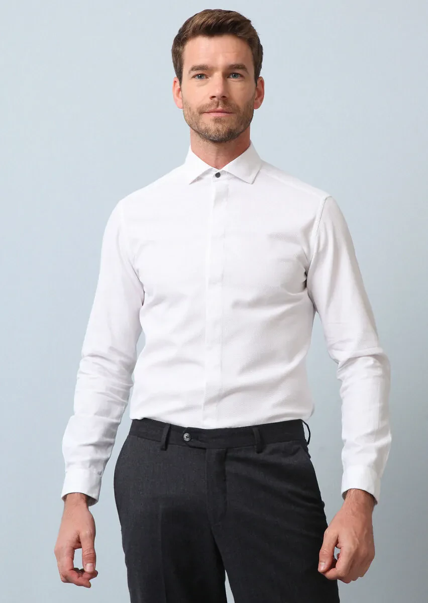 Beyaz Düz Slim Fit Dokuma Casual %100 Pamuk Gömlek - 2