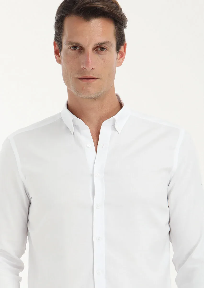 Beyaz Düz Slim Fit Dokuma Casual %100 Pamuk Gömlek - 3