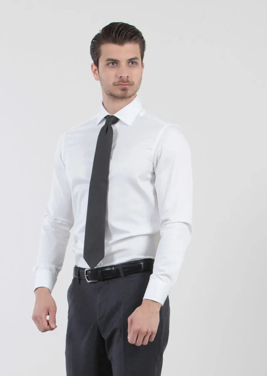 Beyaz Düz Slim Fit Dokuma Klasik %100 Pamuk Gömlek - 1