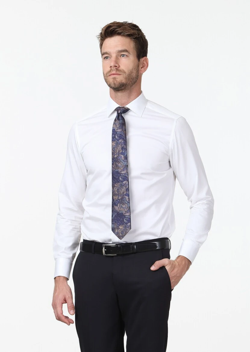 Beyaz Düz Slim Fit Dokuma Klasik %100 Pamuk Gömlek 