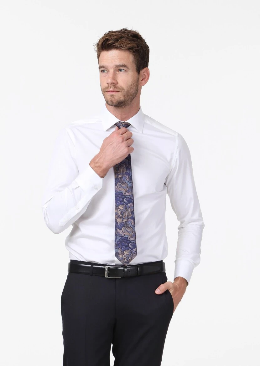 Beyaz Düz Slim Fit Dokuma Klasik %100 Pamuk Gömlek - 4