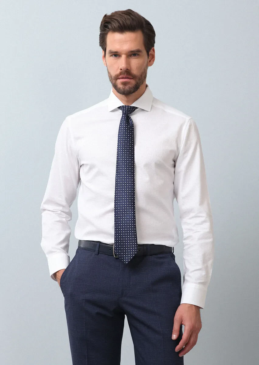 Beyaz Düz Slim Fit Dokuma Klasik %100 Pamuk Gömlek - 4